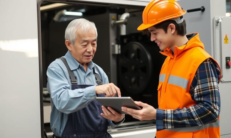 ベテランと若手が、一緒にタブレットを見る