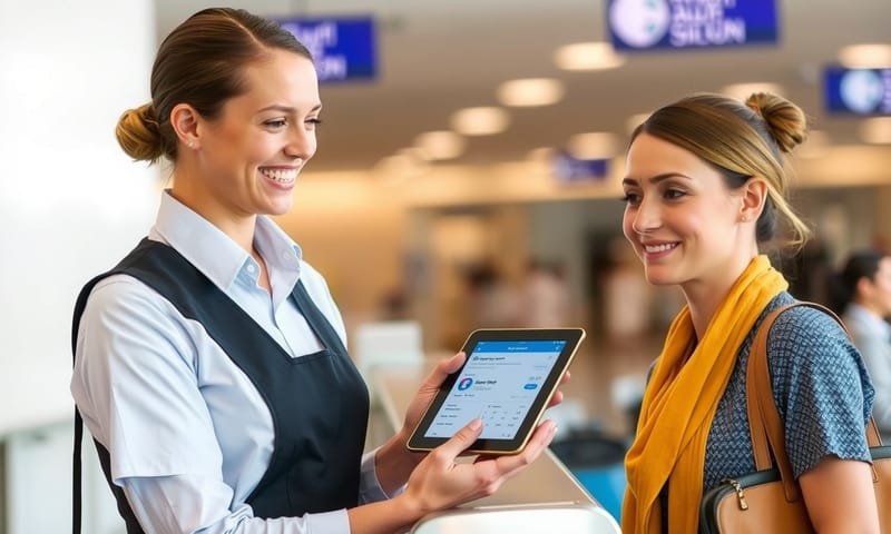 空港スタッフがタブレットで顧客情報を確認しながら接客する様子