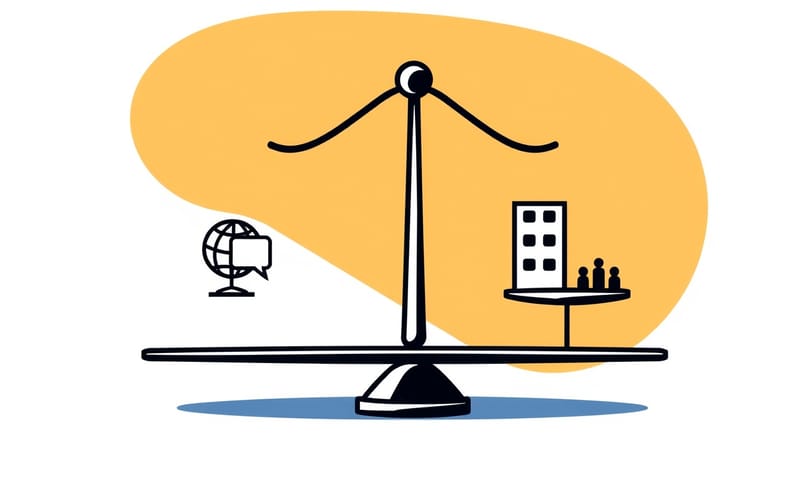 広報活動の成功は、社内外のコミュニケーションのバランスが鍵であることを示す天秤のイラスト