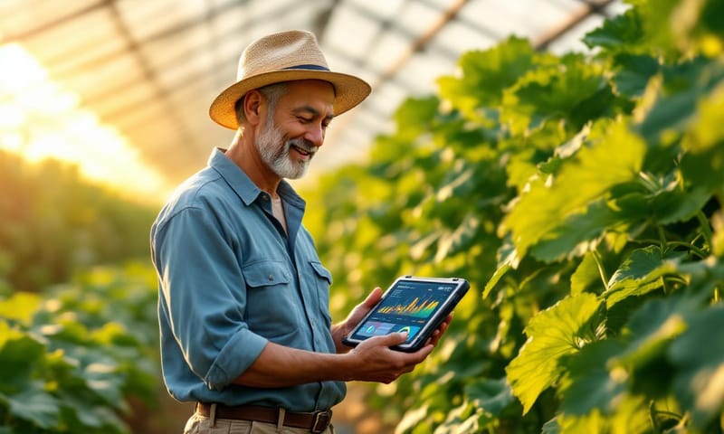 畑でタブレットを見る農家