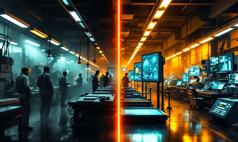 古い工場から未来のデジタル工場への進化の様子