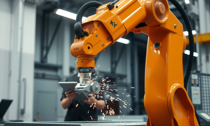 工場内で働くロボットアームと、それを監督する技術者