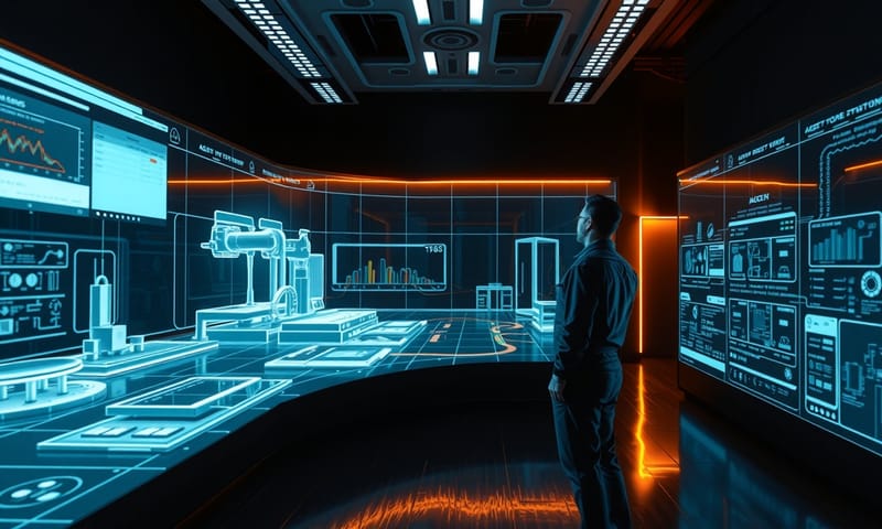 未来の工場コントロールルームの風景