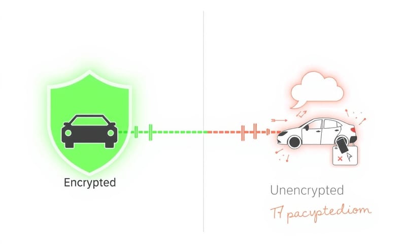 暗号化された通信（左）と、傍受される可能性のある通信（右）のイメージ