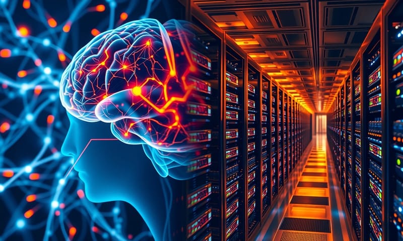 人間の脳の神経回路と、AIサーバーファームの対比