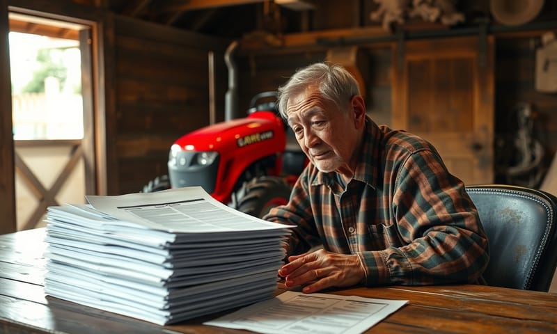 イメージ：補助金申請書類の山を前に、困惑する農家