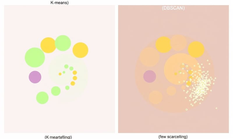 入り組んだ形状のデータをK-meansとDBSCANで分析した結果の比較