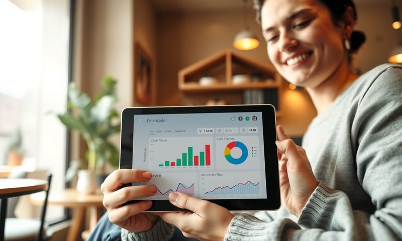 カフェでタブレットを使って企業の財務状況をカジュアルに確認する人