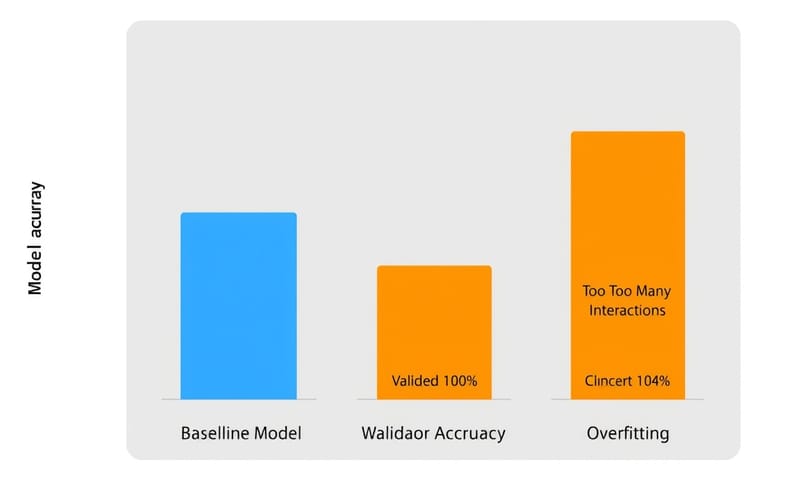 交互作用を追加する前と後でのモデル精度の比較。やりすぎると逆にテスト精度が落ちる様子を示す。