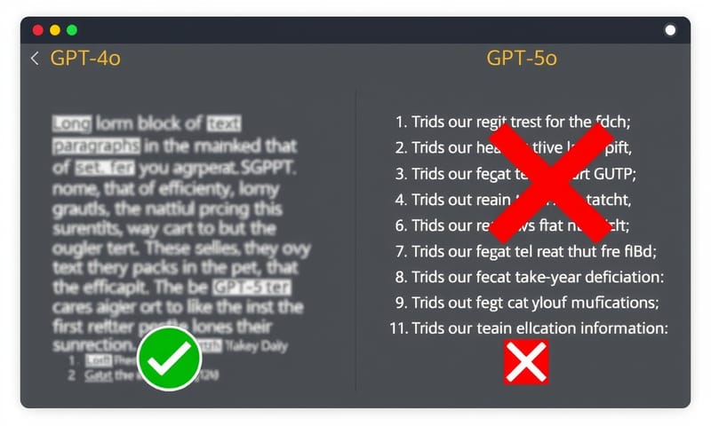 GPT-5（右）と旧モデル（左）の出力比較。同じ質問でも簡潔さが全然違う。