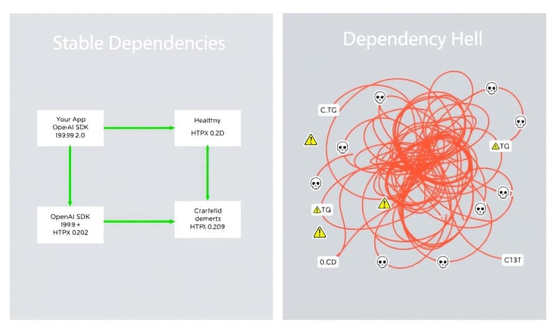 理想的な依存関係（左）とコンフリクト地獄（右）