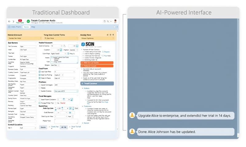 UIの対比：従来の複雑なフォーム vs シンプルなチャットインターフェース