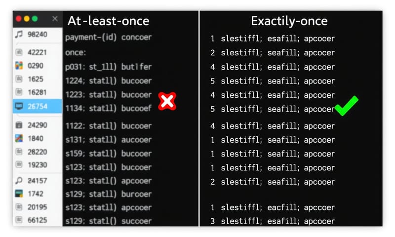 At-least-once（左）とExactly-once（右）のログ比較イメージ