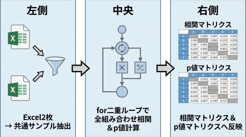 「サンプルID整合→forループ→マトリクス計算」の仕組み（多視点）