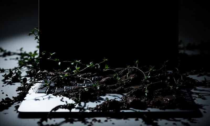 視覺化概念：一個被藤蔓纏繞、按鍵陷入泥濘的鍵盤，象徵 Mac 的遲緩與卡頓。