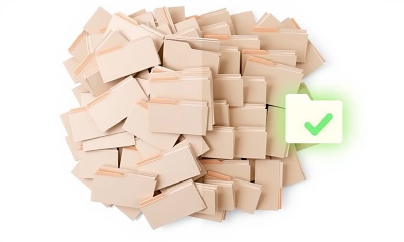 清理前後對比：左邊是混亂堆疊的相同檔案，右邊是清理後留下的單一整潔檔案。