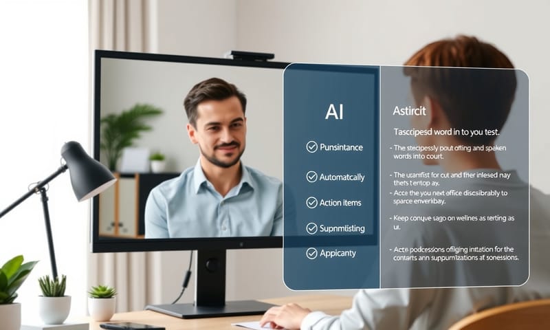 在視訊會議中，AI 助理即時整理重點與待辦事項的運作示意。