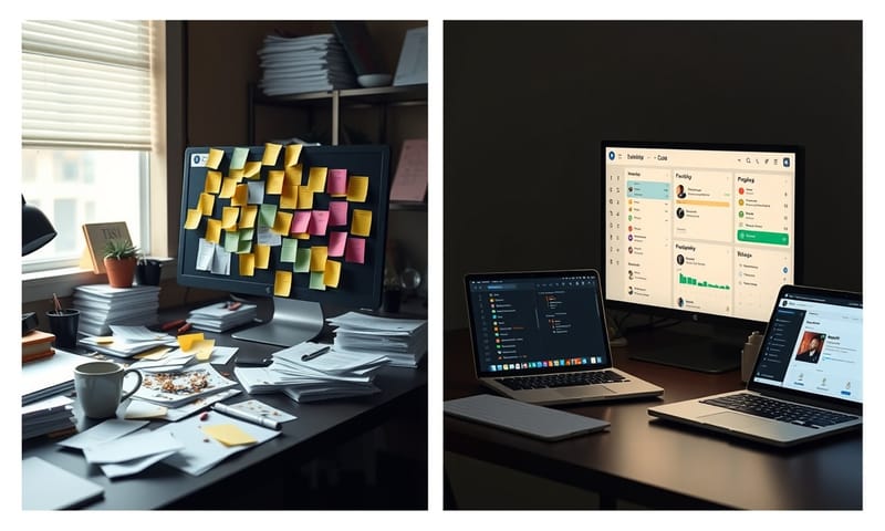 對比：左邊是充滿便利貼和混亂文件的傳統辦公桌，右邊是只有一台筆電的整潔桌面，螢幕上顯示著井然有序的 AI 儀表板。