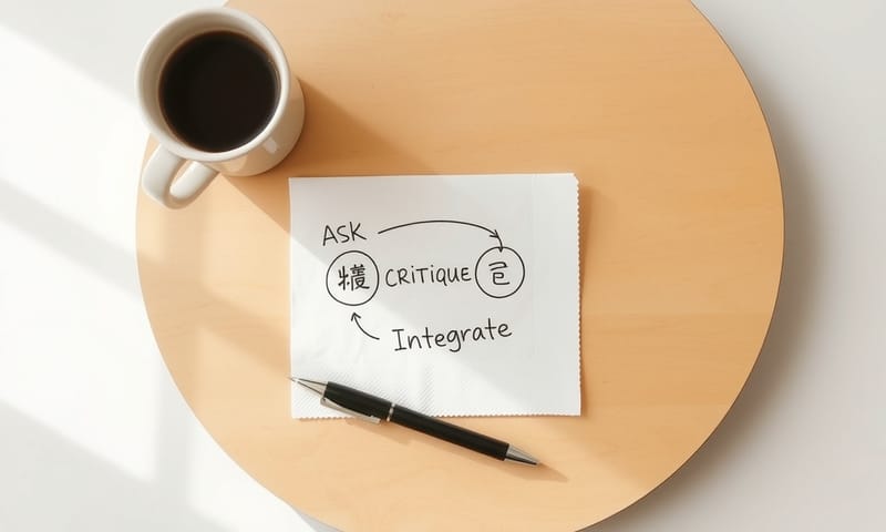 在餐巾紙上畫出的 AI 協作三步驟示意