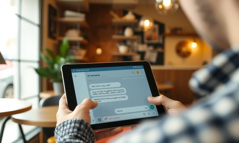 使用者在咖啡廳透過平板與 AI 助理互動的場景