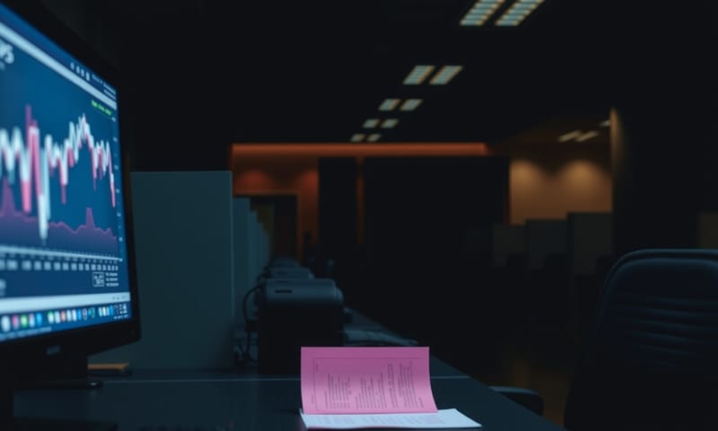 空無一人的辦公室，螢幕上的股價上漲與桌上的裁員通知形成強烈對比。