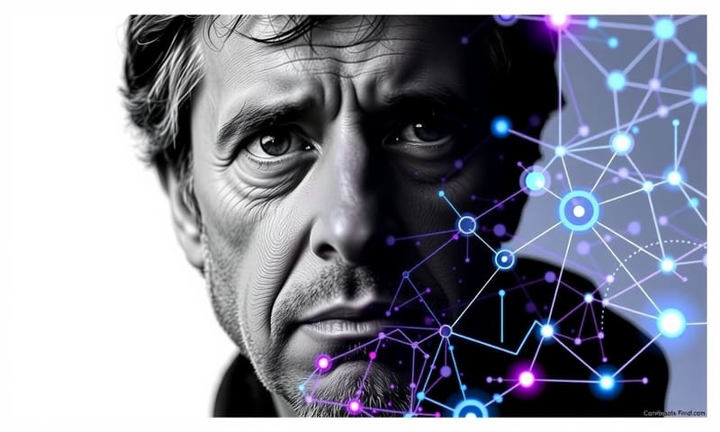 資深員工的憂慮與抽象的數據光影重疊，凸顯科技與人性的衝突。