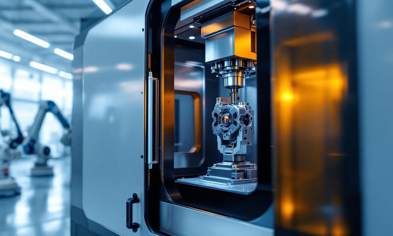 一部正在運作的現代車銑複合加工中心機，展現其複雜的內部結構。