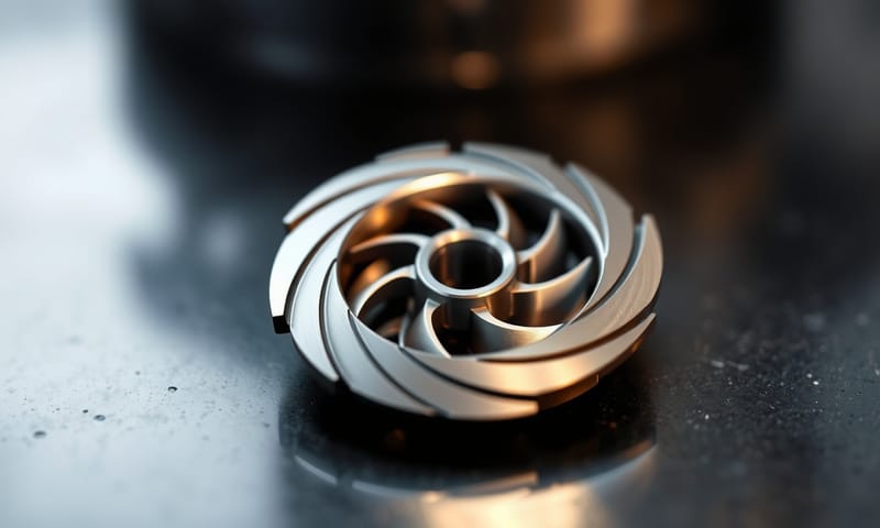 一個由車銑複合加工出來的複雜金屬零件，例如渦輪葉片，展現其光滑的曲面與精密的細節。