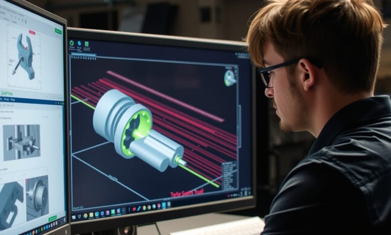 一位工程師正在電腦螢幕前專注地操作 CAM 軟體，螢幕上顯示著複雜的 3D 刀具路徑模擬。