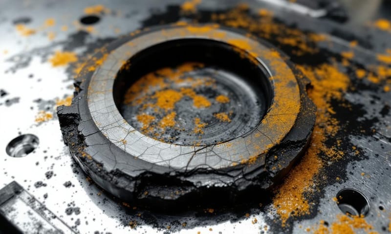 示意圖：一個受損的機械軸封端面，上面有明顯的熱裂紋和磨損痕跡