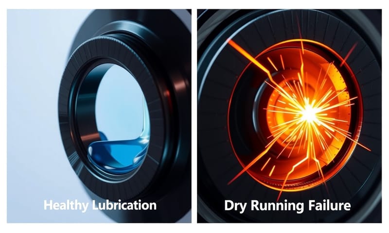 左邊是健康狀態，右邊是乾摩擦，那層薄膜就是一切。