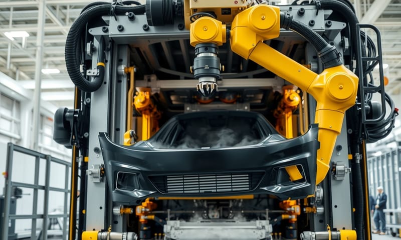 自動化機械手臂從射出機中取出成型的汽車保險桿