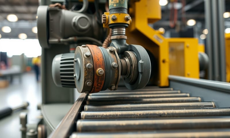 實際安裝於工廠輸送帶的萬向聯軸器，展現其在真實環境下的運作狀態。