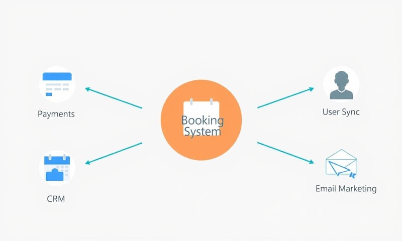 預約系統與其他商業工具（如金流、行事曆、CRM）整合的概念圖。