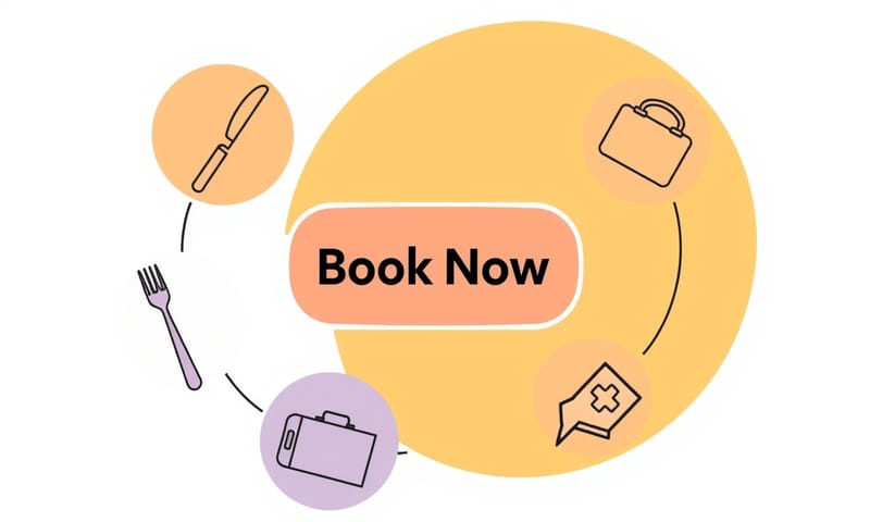 不同產業的圖標圍繞著一個中央的預約按鈕，象徵各行各業對預約系統的需求。