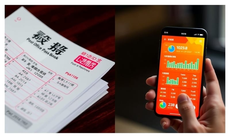 傳統存摺與現代數位銀行App的對比，反映了理財方式的變遷。