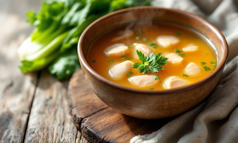 流程示意：產後第一週的飲食重點是清淡好消化的湯品，像這碗就是沒有加麻油的清雞湯，旁邊搭配一些溫和的蔬菜。