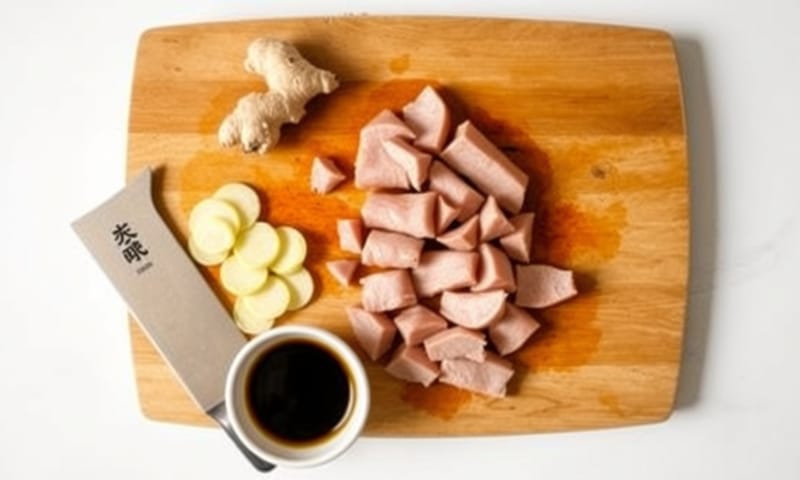 實測環境：模擬在家準備月子餐，砧板上有切好的豬腰子、老薑片和一小碗黑麻油，準備製作第二週的溫補料理。