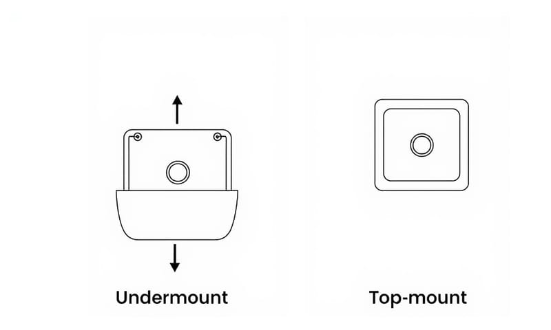 下嵌式與上嵌式水槽安裝方式對比示意