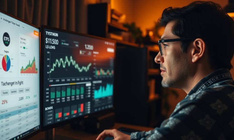 一個人在家裡書房看著螢幕，上面顯示著多元的投資組合圖表