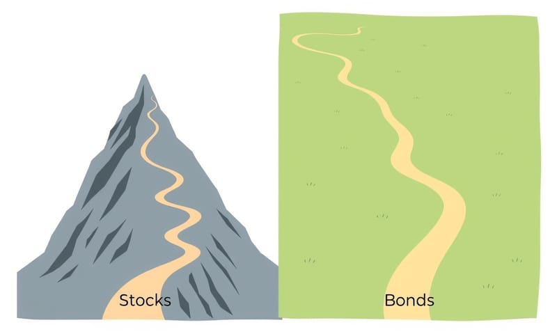 兩種路徑的對比，一條崎嶇通往高峰，一條平緩通往安穩的風景