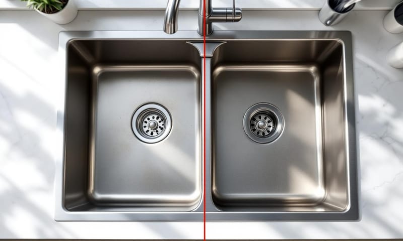 水槽清潔前後對照：右半邊是清潔保養後的效果