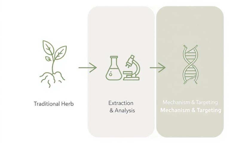 圖一：從傳統藥材到現代分析的過程示意圖。