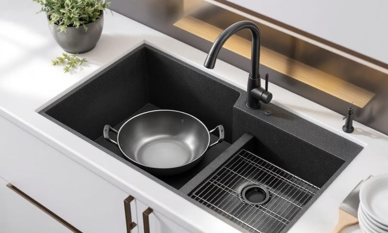 一個大單槽花崗岩水槽，裡面輕鬆放著一個中式炒鍋和一些碗盤，旁邊還有空間。