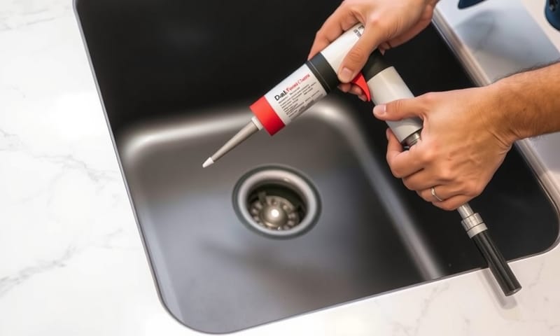 專業師傅正在為一個下嵌式花崗岩水槽的邊緣塗抹矽利康。