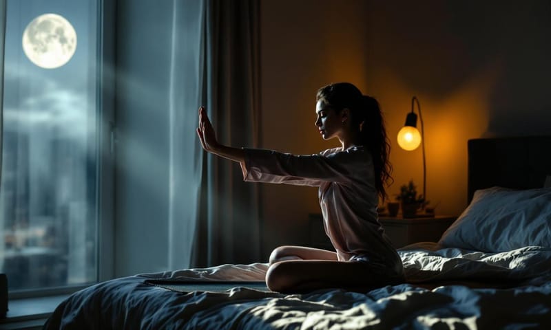 一位女士在寧靜的房間裡練習睡前伸展，窗外是柔和的月光。