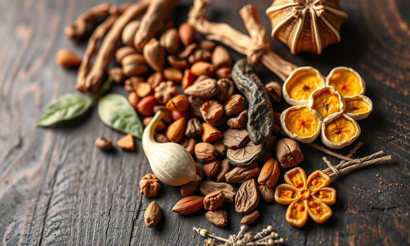 精心排列的安神中藥材，如酸棗仁、百合、龍眼肉等。