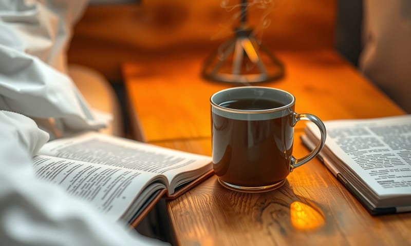 一杯溫熱的助眠花草茶放在床頭櫃上，旁邊有一本書。