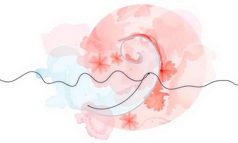 一個抽象的藝術圖像，用水彩和墨水線條描繪出身體內氣血流動與荷爾蒙變化的意象。