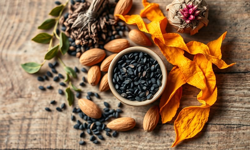 一些有助於緩解便秘的中藥材和食材，如黑芝麻、杏仁、陳皮和玫瑰花，被藝術性地擺放在木質桌面上。